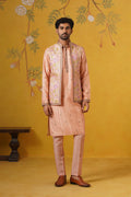 Peach Ghicha Print Kurta Jacket Set
